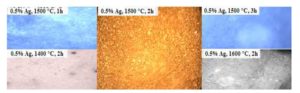 Photomicrographs corresponding to the 0.5 wt. % Ag sintered samples, varying time and temperature