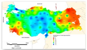 Spatial distribution of the age-adjusted female suicide mortality rates for 2002-2011