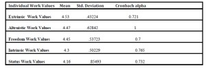 Descriptive statistics for individual work values factors